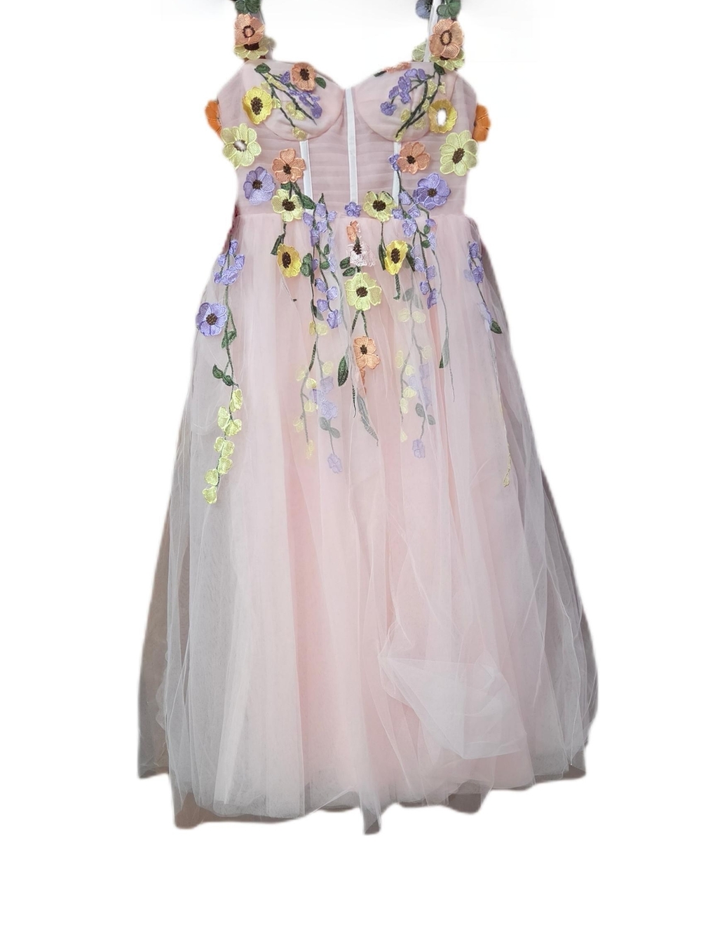 Blush Pink Floral Appliqué Tulle Prom Dress